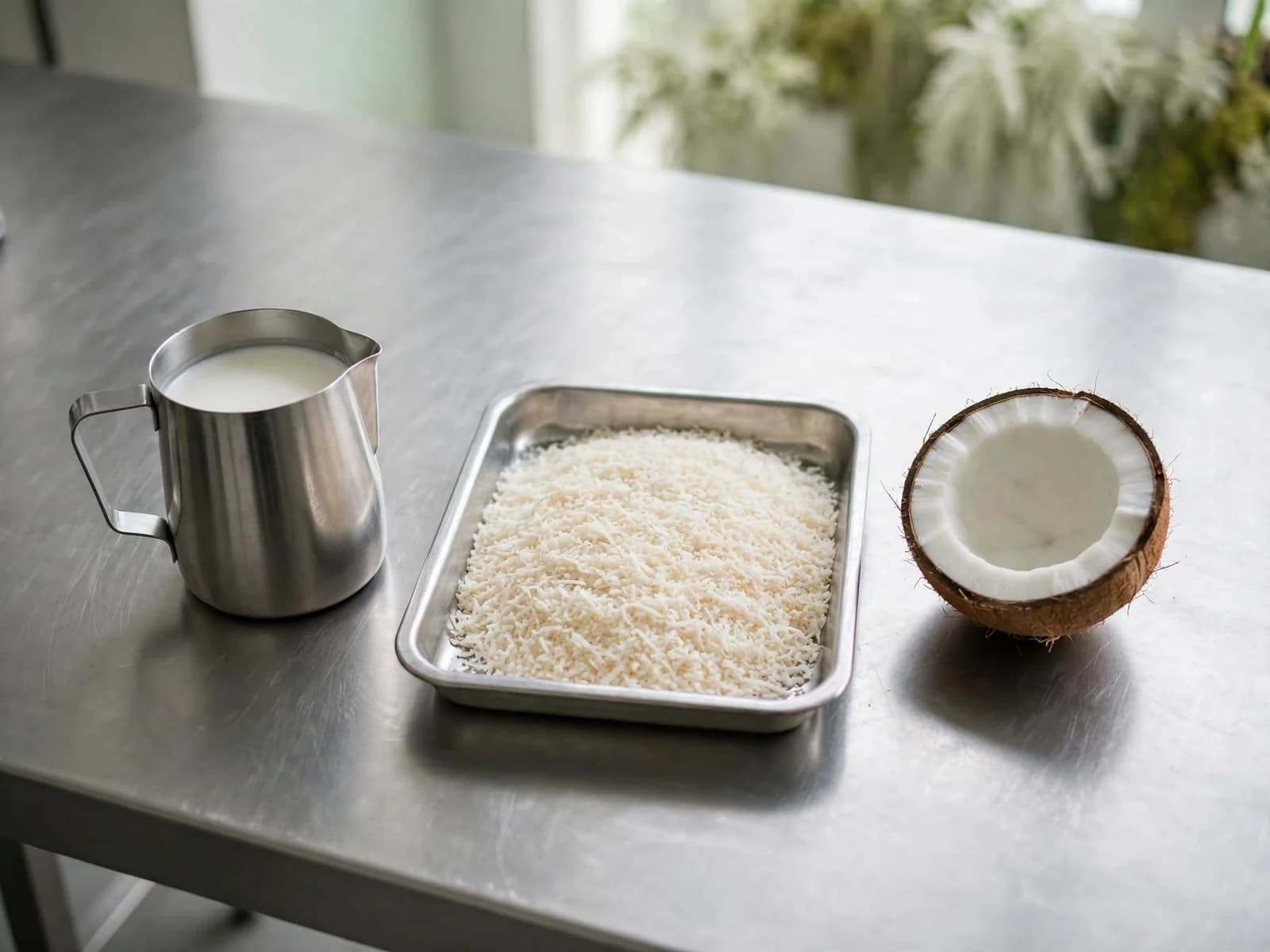 A jug of coconut milk, a tray of desiccated coconut and half a fresh coconut on a stainless steel bench.