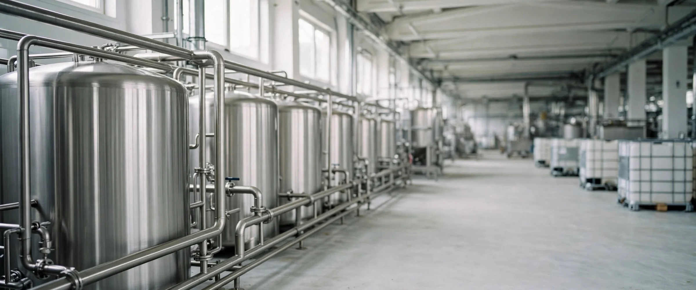 Stainless steel process tanks and pipework along one side of a bright production hall, with bulk liquid containers on pallets opposite.