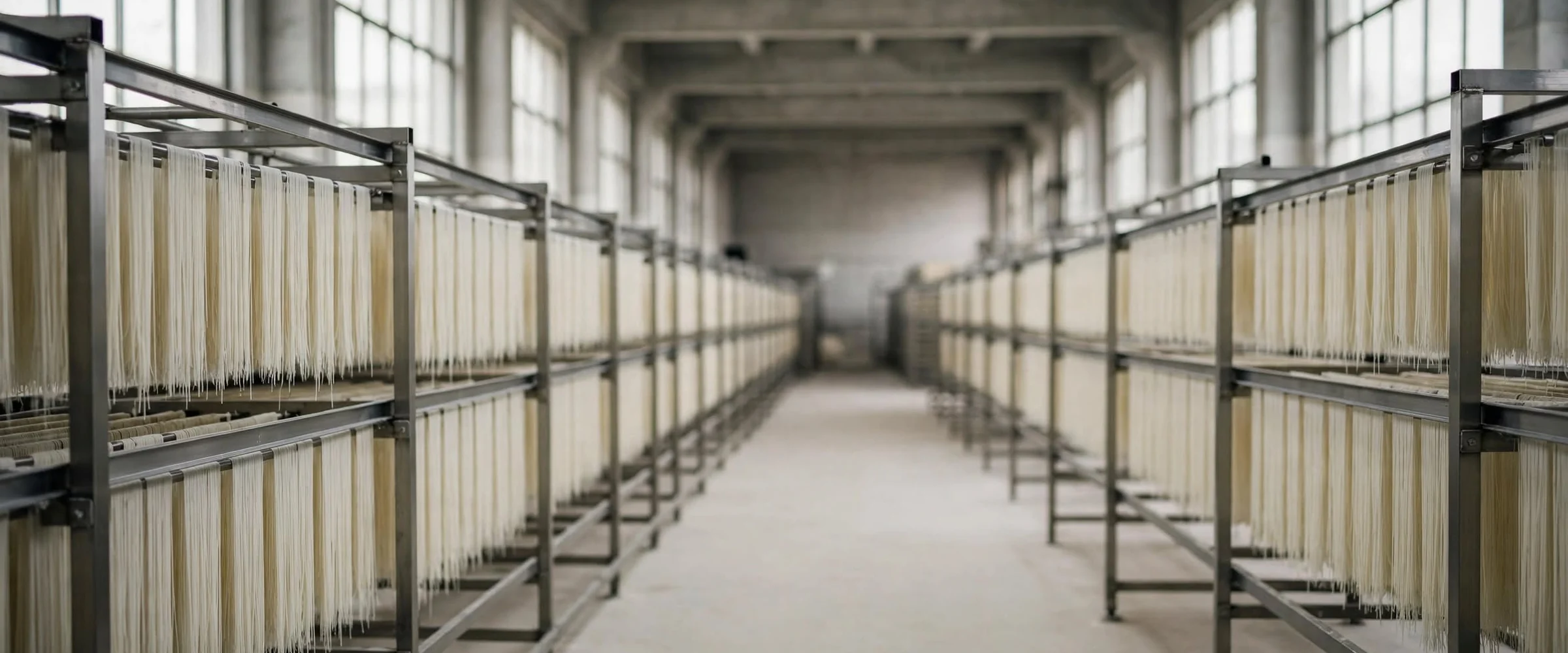 Rows of noodles hanging to dry on stainless steel racks along the aisle of a production hall.