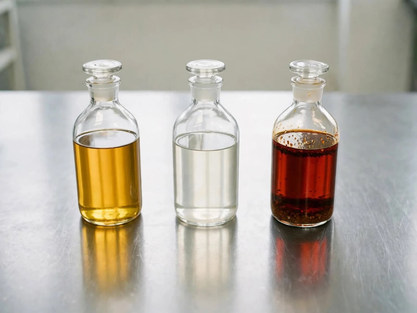 Three stoppered glass bottles of golden oil, a clear liquid and red chili oil on a stainless steel bench.