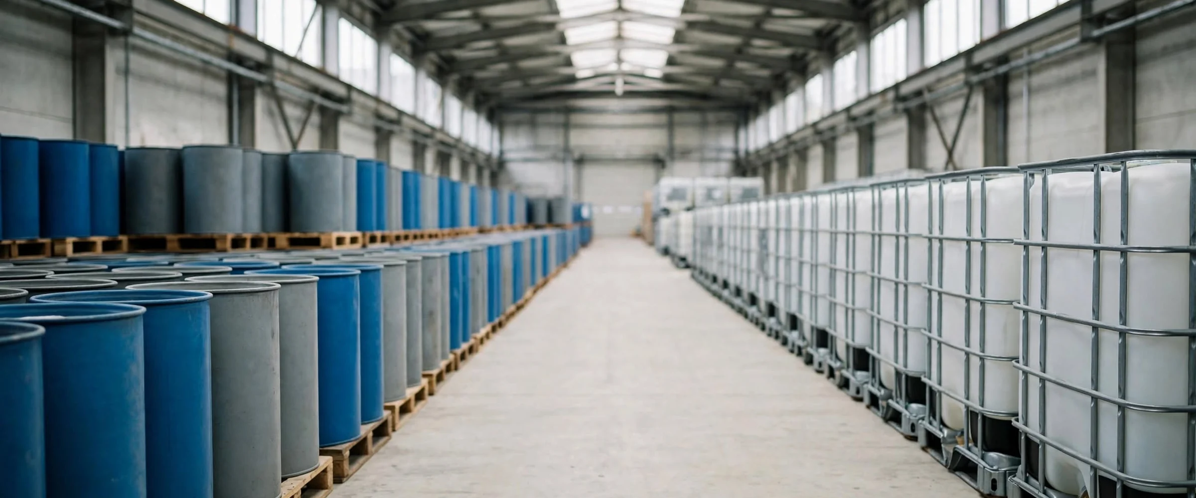 Blue and grey drums on wooden pallets and caged bulk liquid containers lining the aisle of a warehouse.