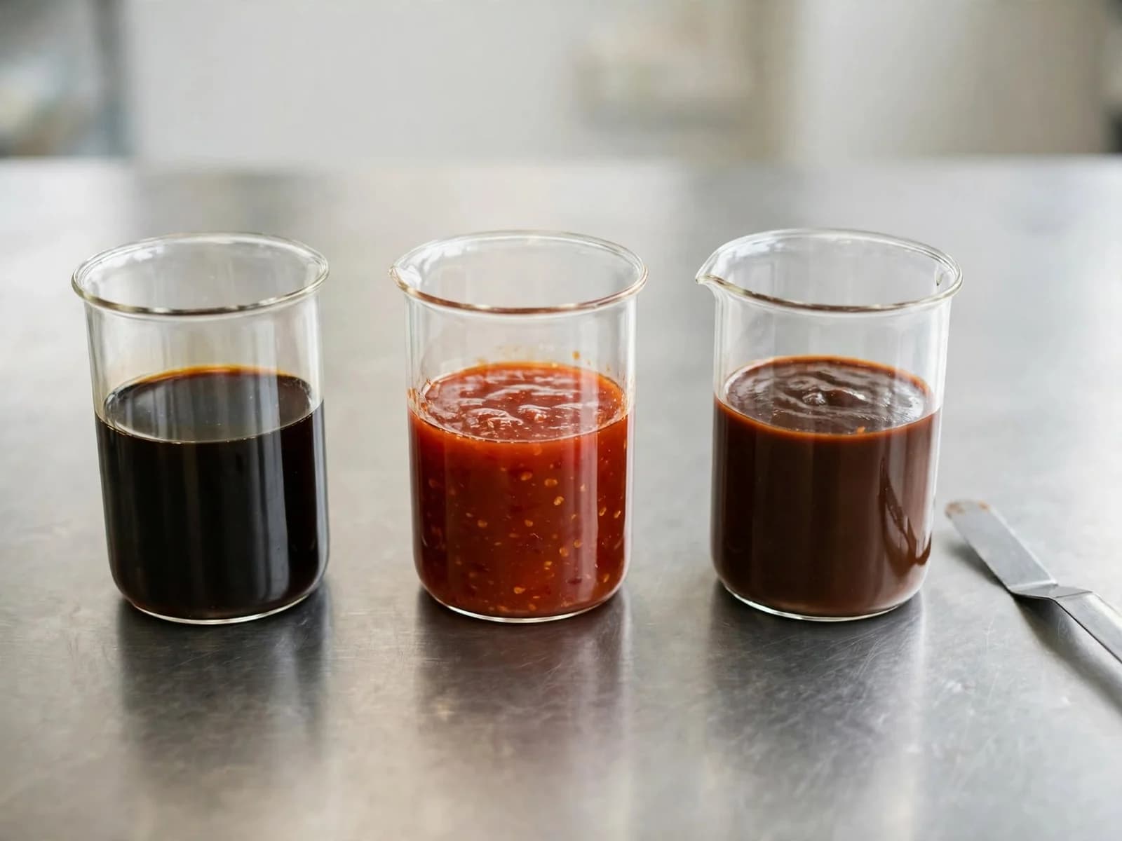 Three glass beakers of dark, red and brown sauce on a stainless steel bench, with a spatula beside them.