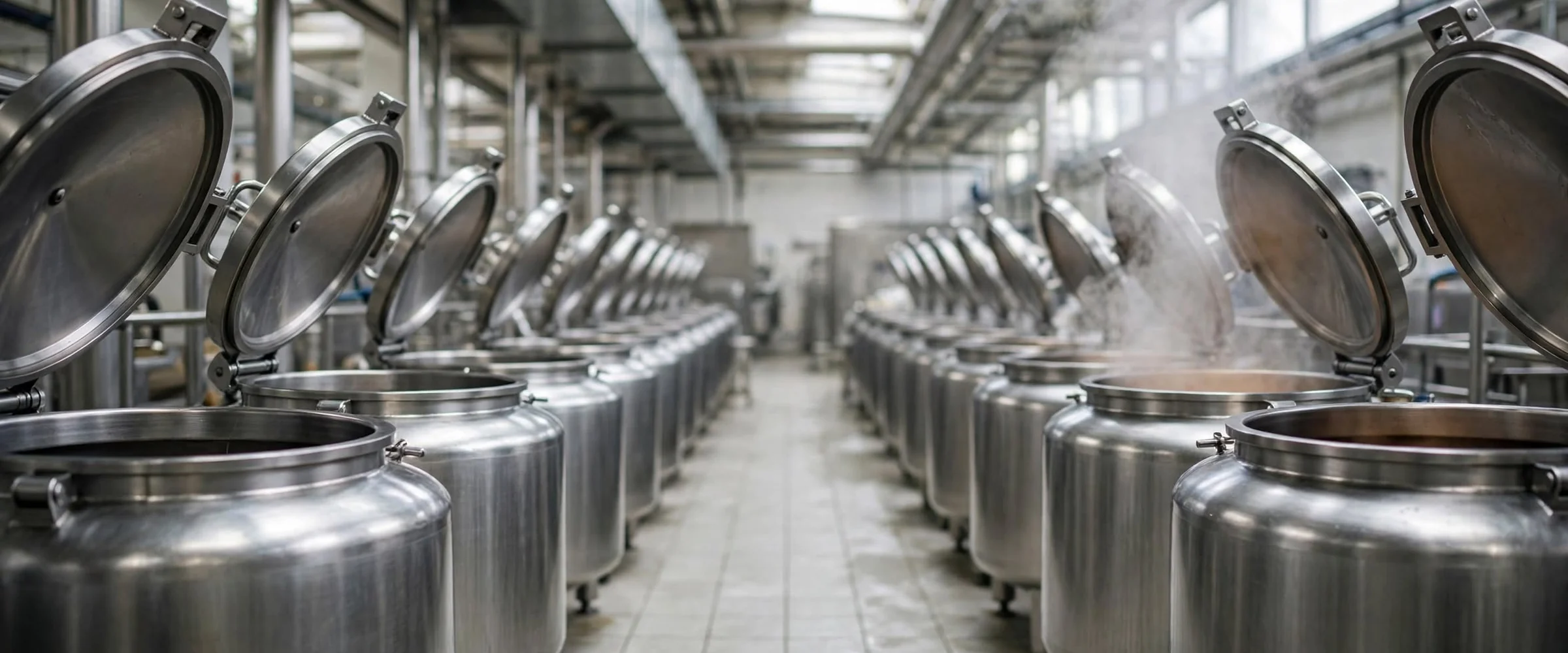 Two rows of stainless steel cooking kettles with their lids open, steam rising from one, in a production hall.