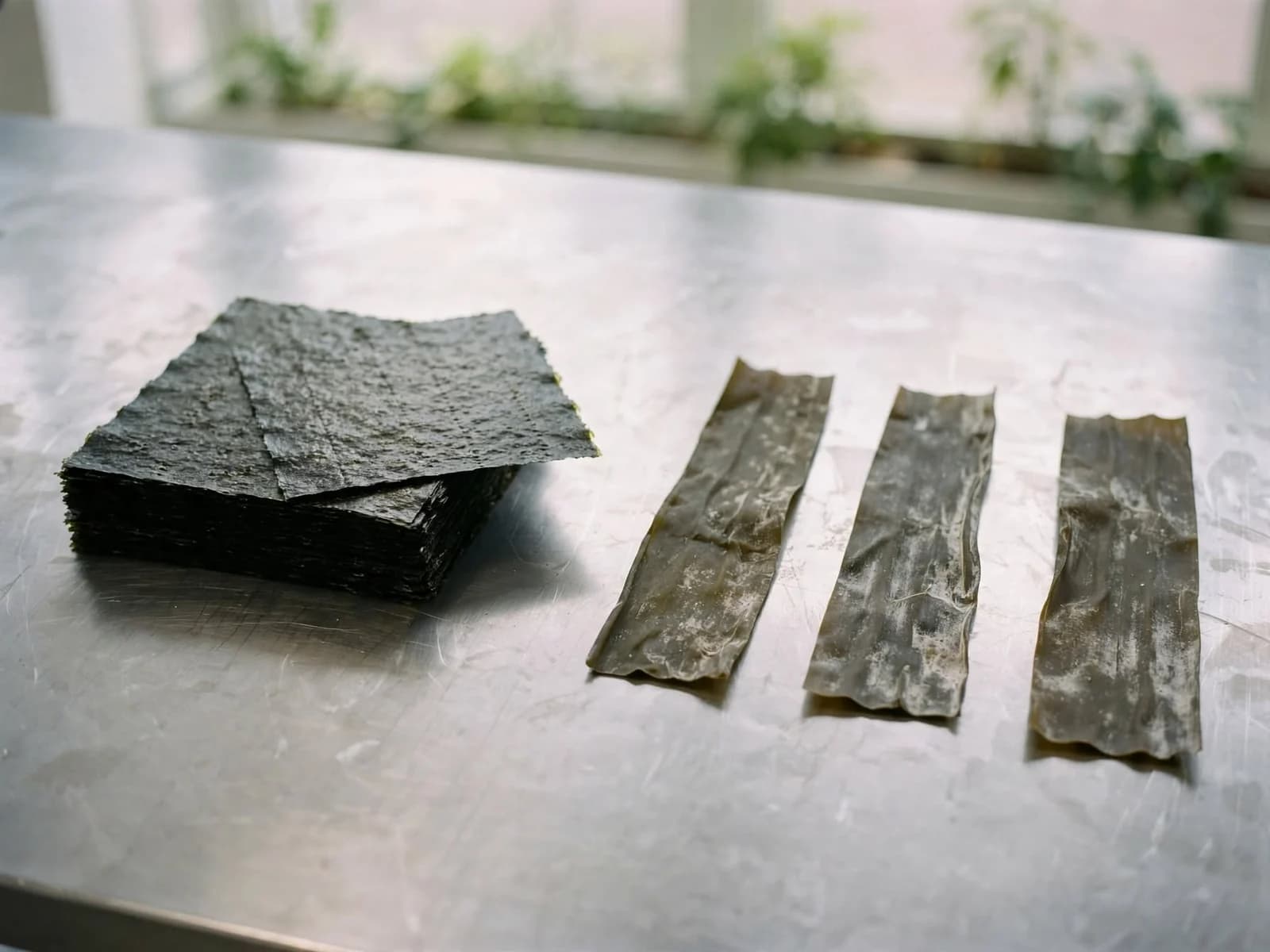 A stack of dried nori sheets beside three strips of dried kelp on a stainless steel bench.