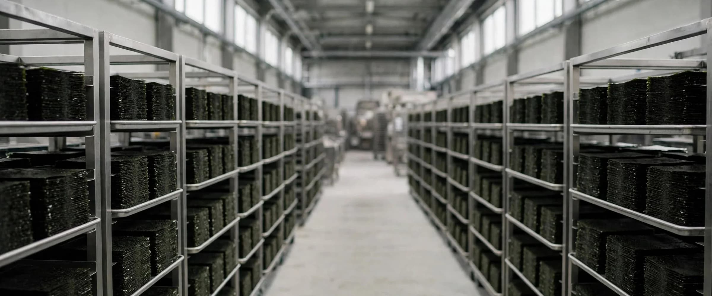 Stainless steel racks stacked with dried seaweed sheets on both sides of a production aisle.