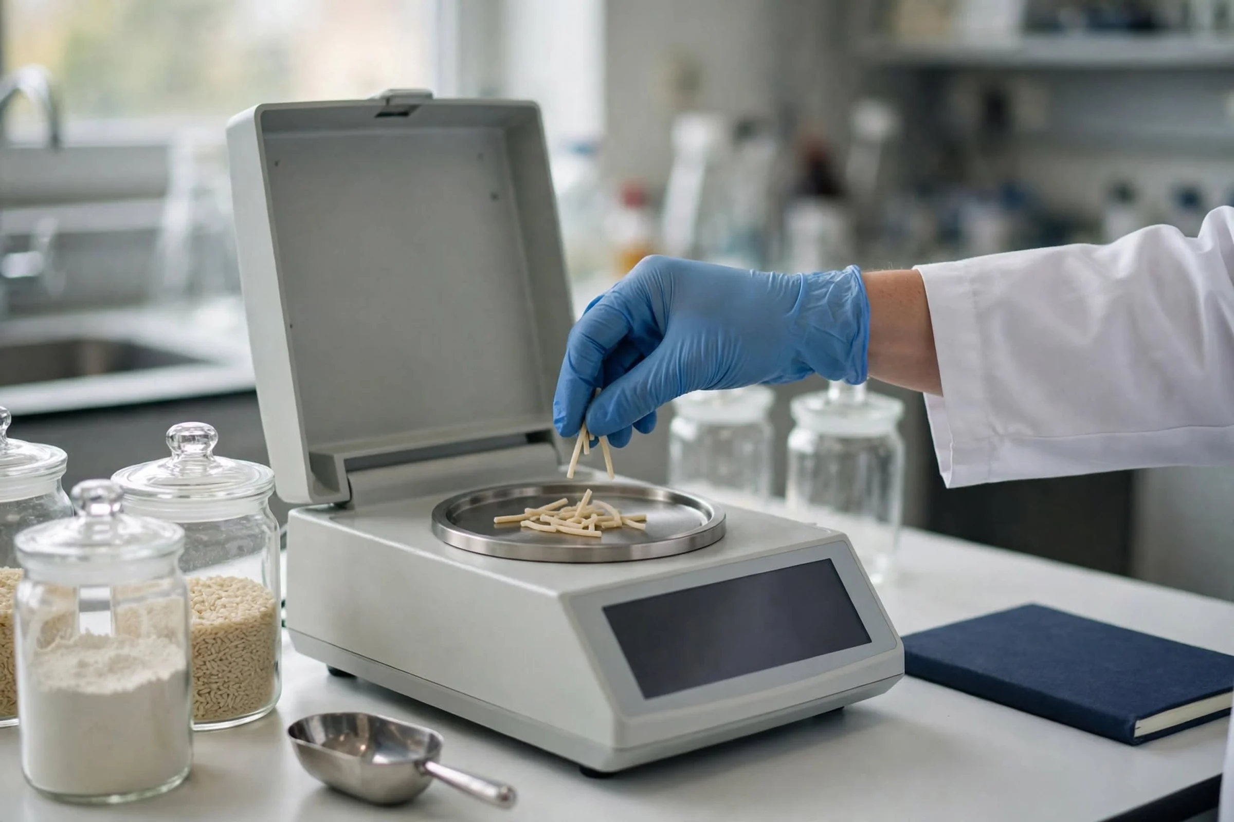 A gloved hand placing a noodle sample on a moisture analyzer in a quality lab, with jars of samples beside it.