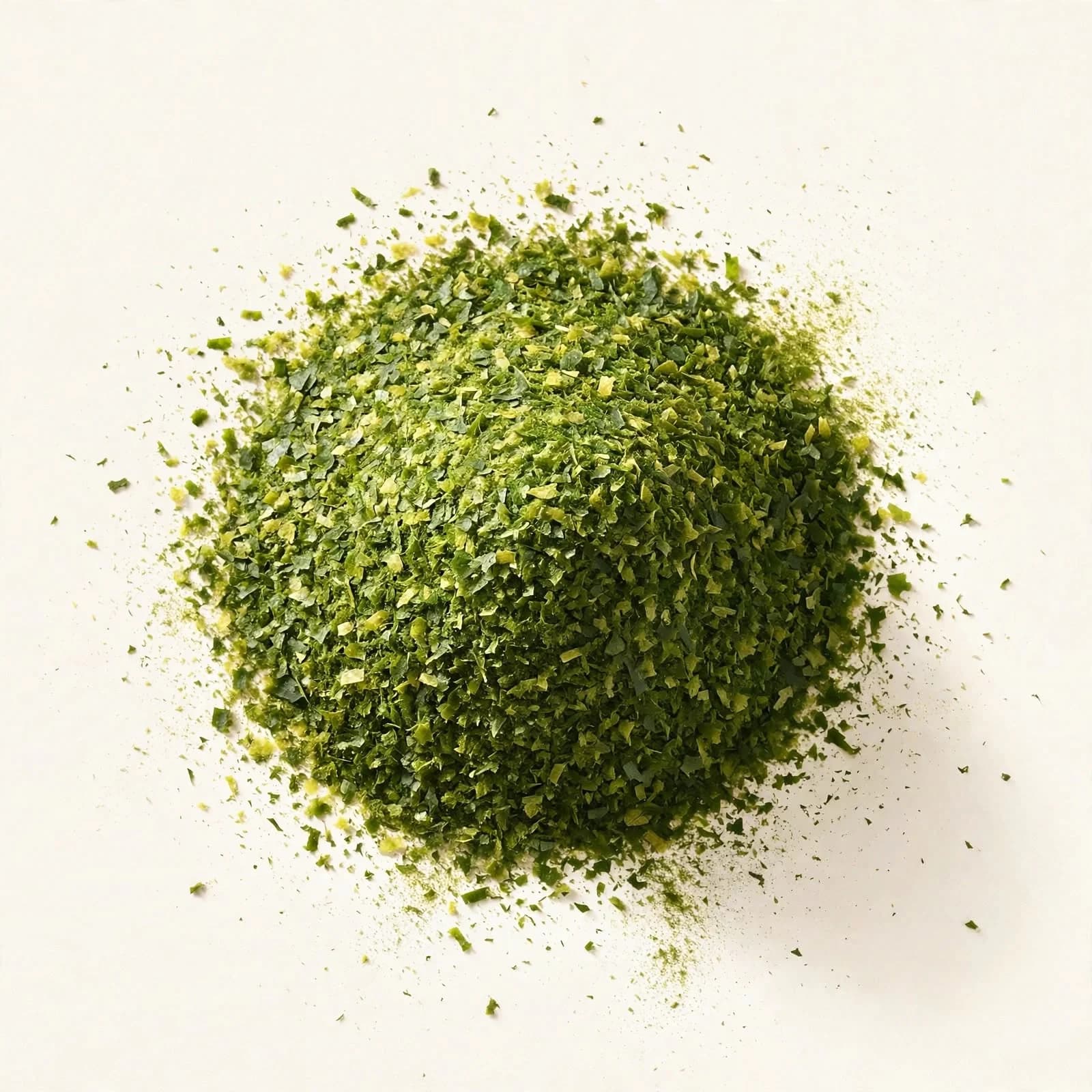 A mound of bright green aonori flakes, seen from above.