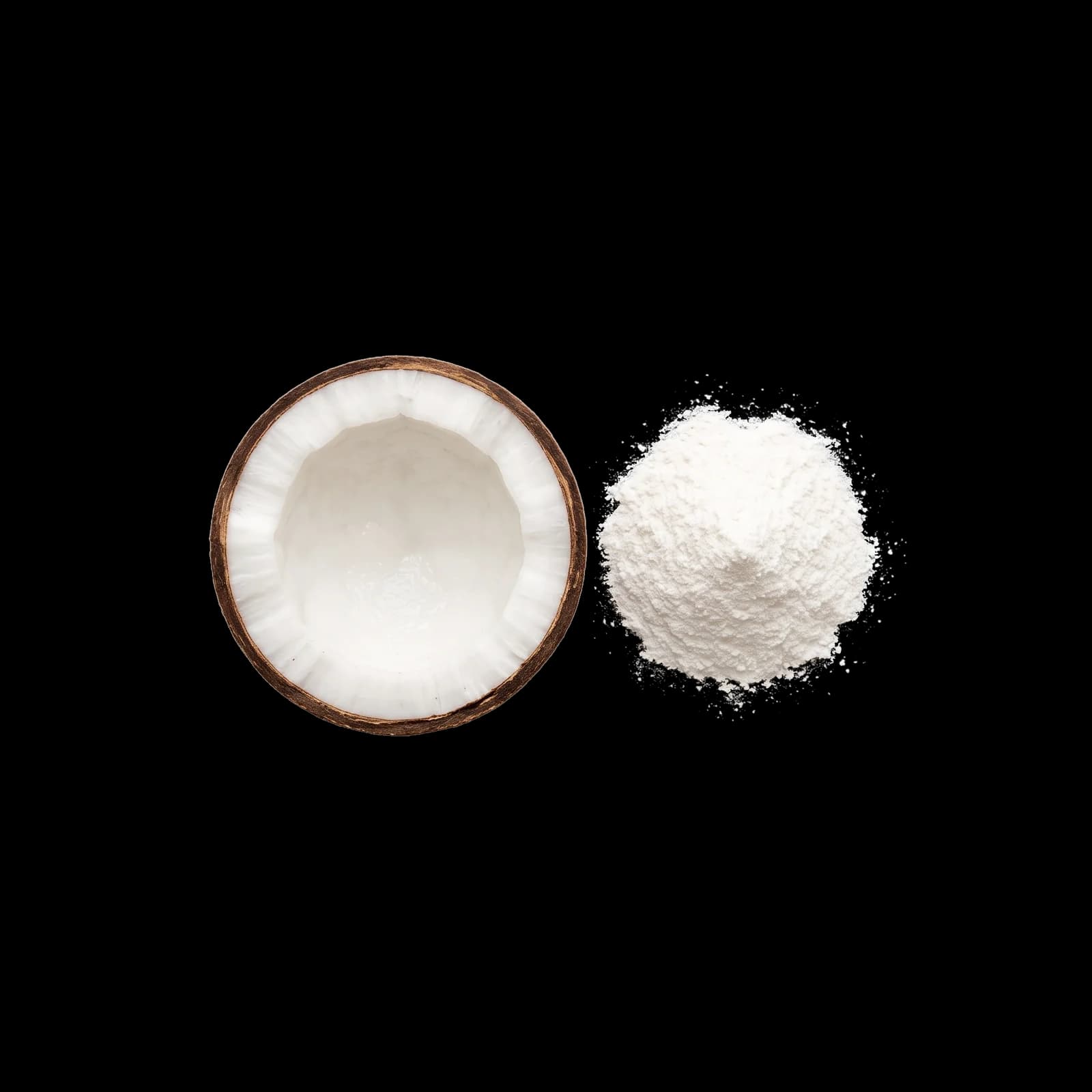 Half a coconut with the white flesh facing up, beside a mound of coconut milk powder.