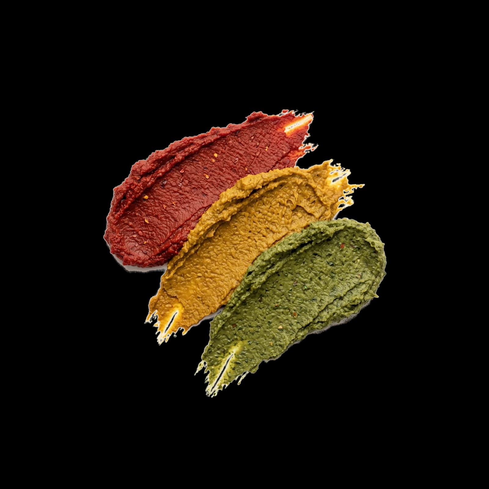 Red, yellow and green curry pastes spread in three knife swipes, showing the texture and color of each.