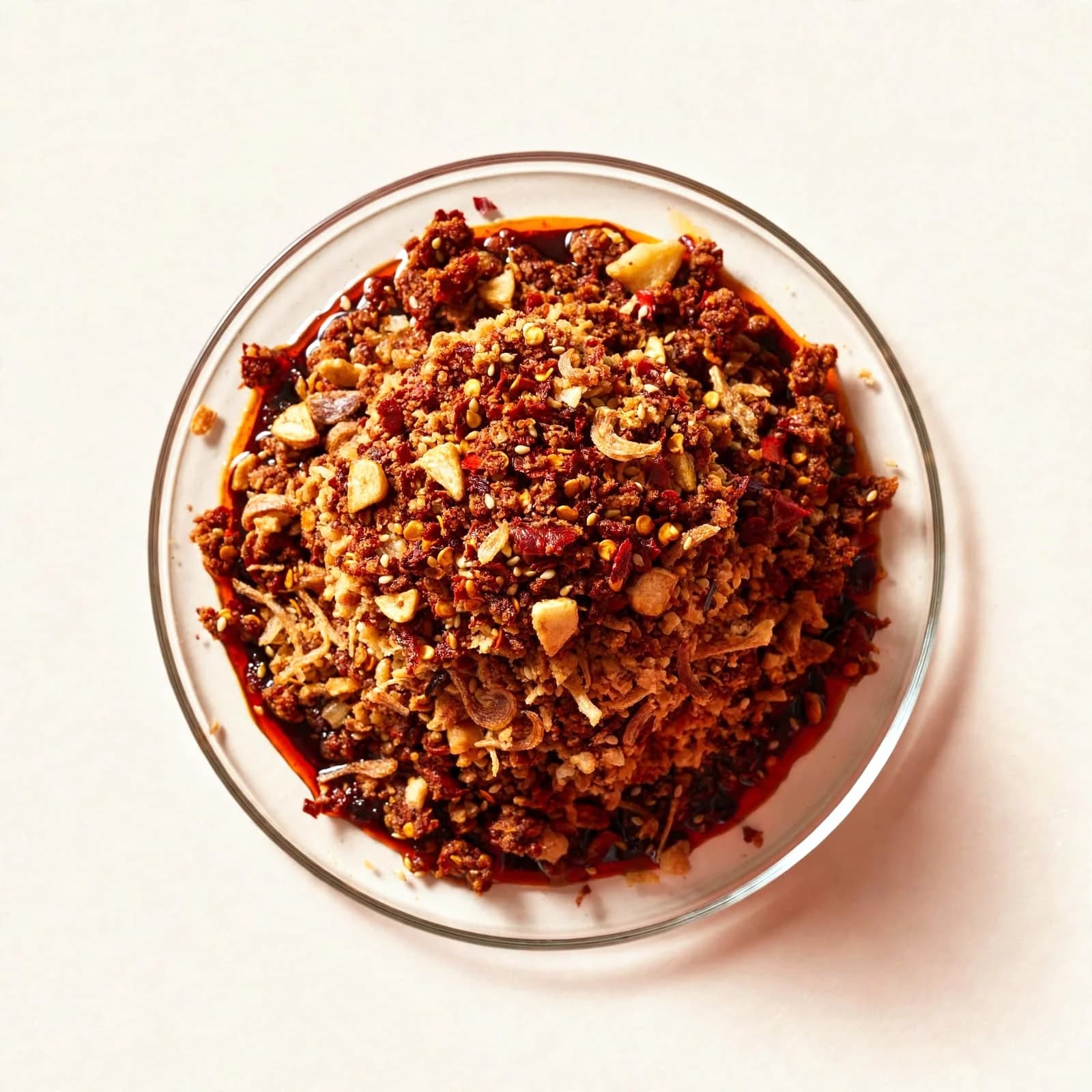 Chili crisp with fried garlic and chili flakes in oil, in a glass dish, seen from above.