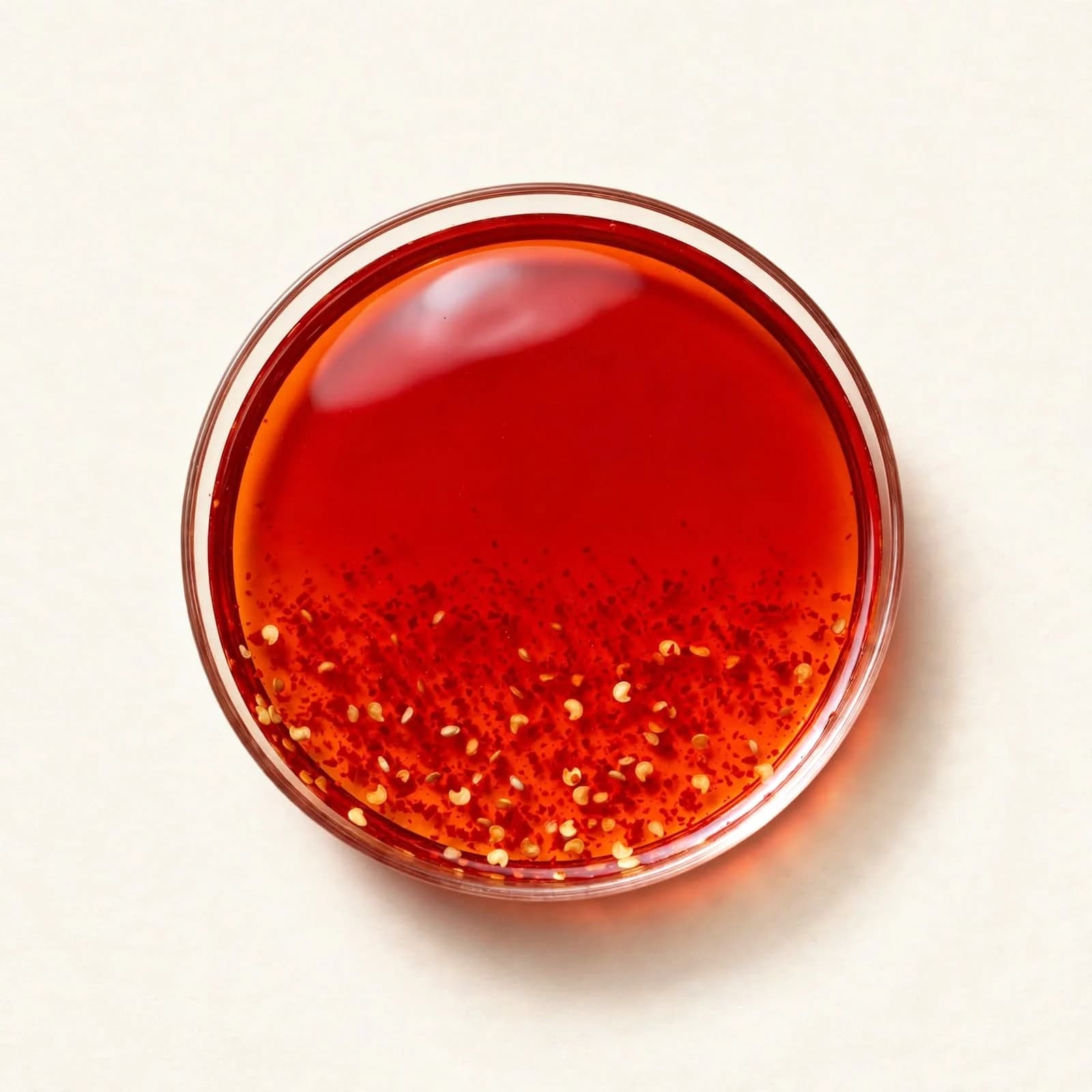 Red chili oil with chili flakes settled at the bottom of a glass dish, seen from above.