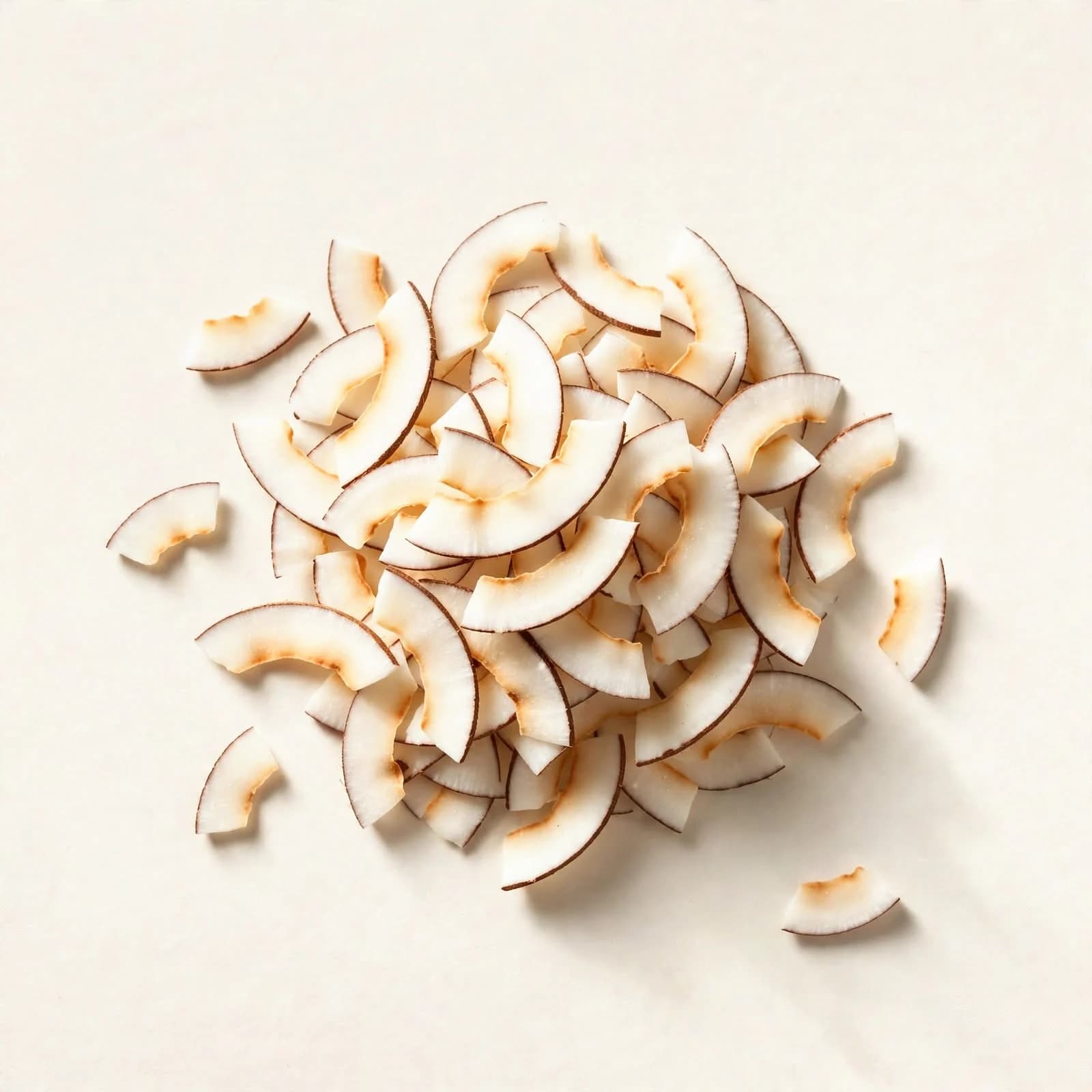 A pile of curled coconut chips, white with brown edges, seen from above.