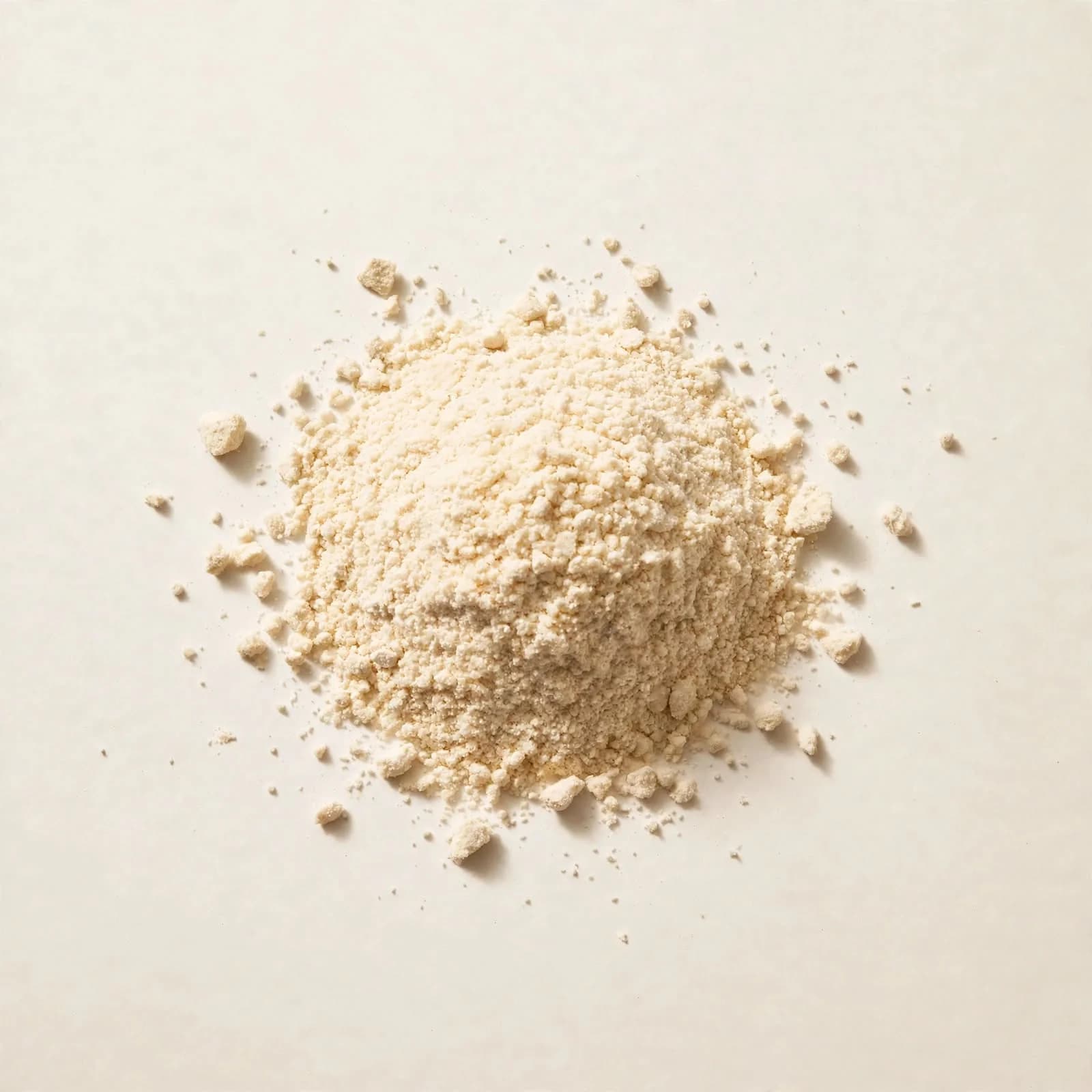 A loose pile of coconut milk powder, seen from above, showing the fine, ivory cream powder with a few soft clumps.