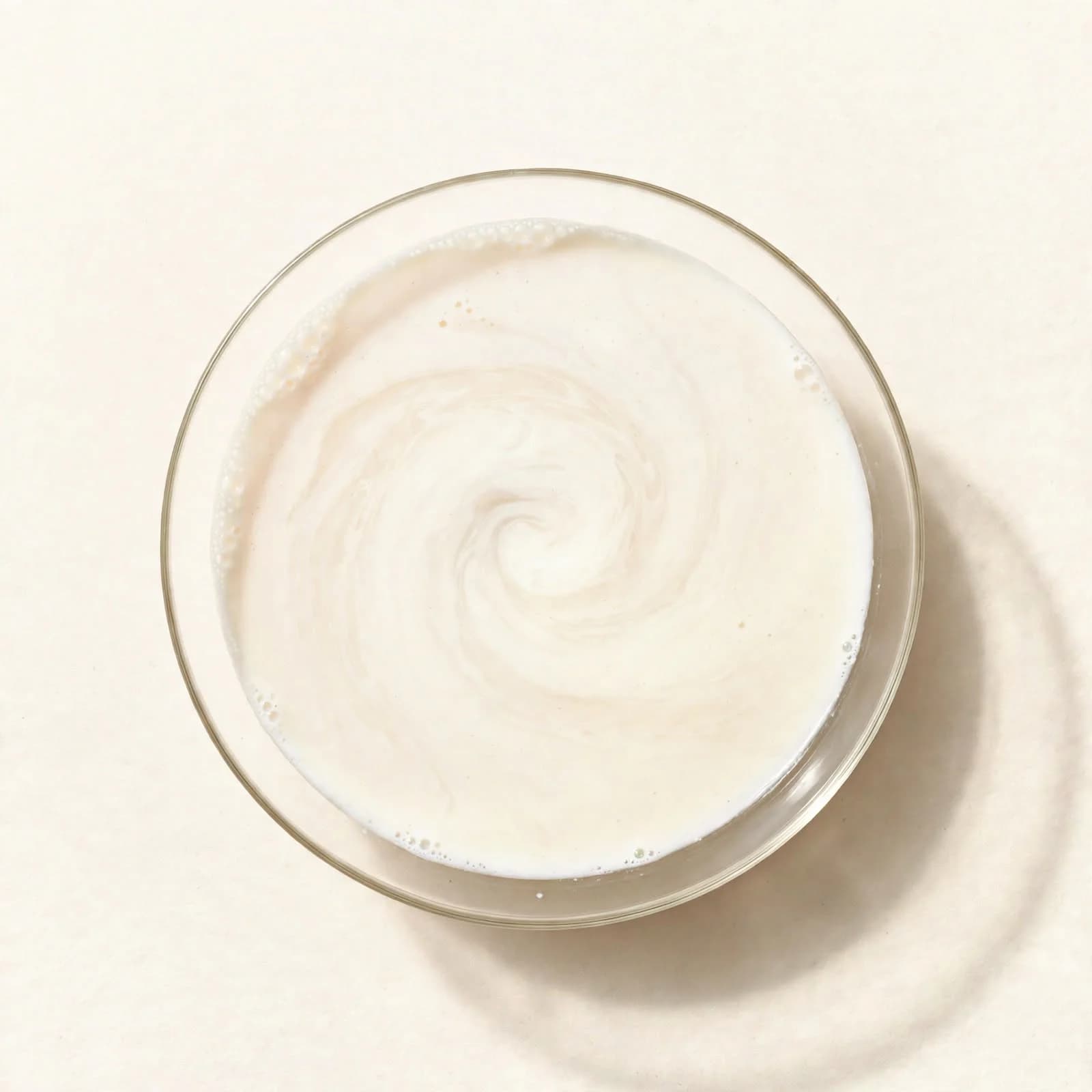 Coconut milk in a shallow glass dish, seen from above, with a swirl across the surface.