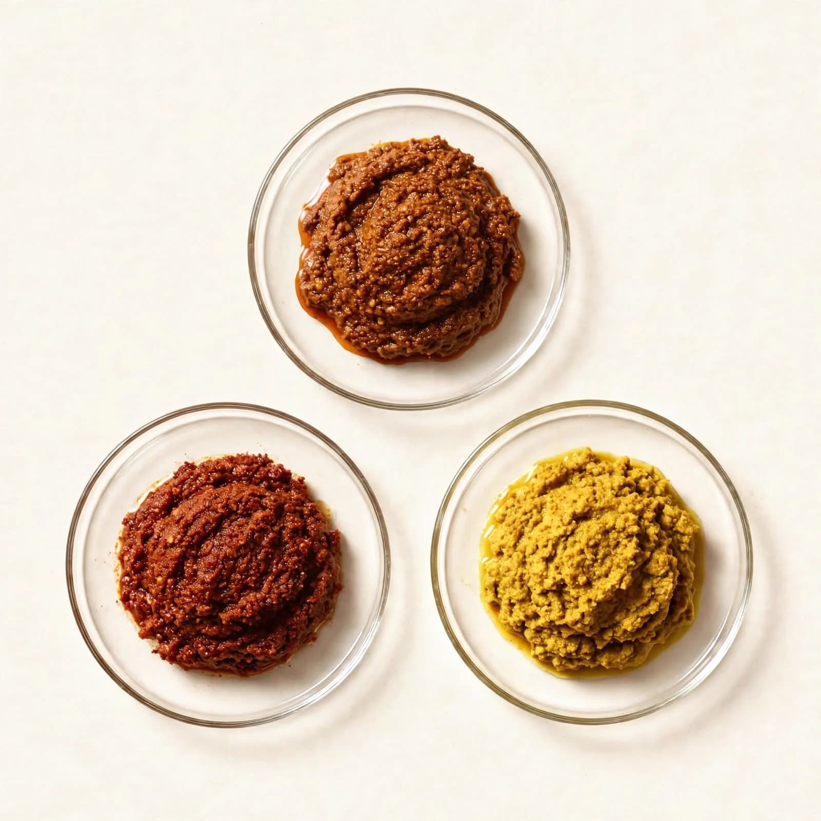 Massaman, red and yellow curry paste in three small glass dishes, seen from above.