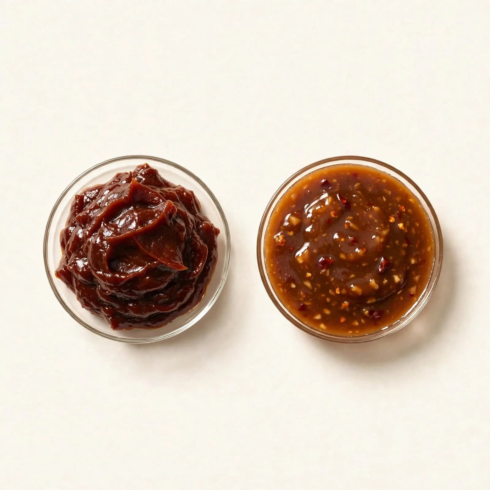 Thick dark hoisin sauce and a chunkier stir-fry sauce in two glass dishes, seen from above.