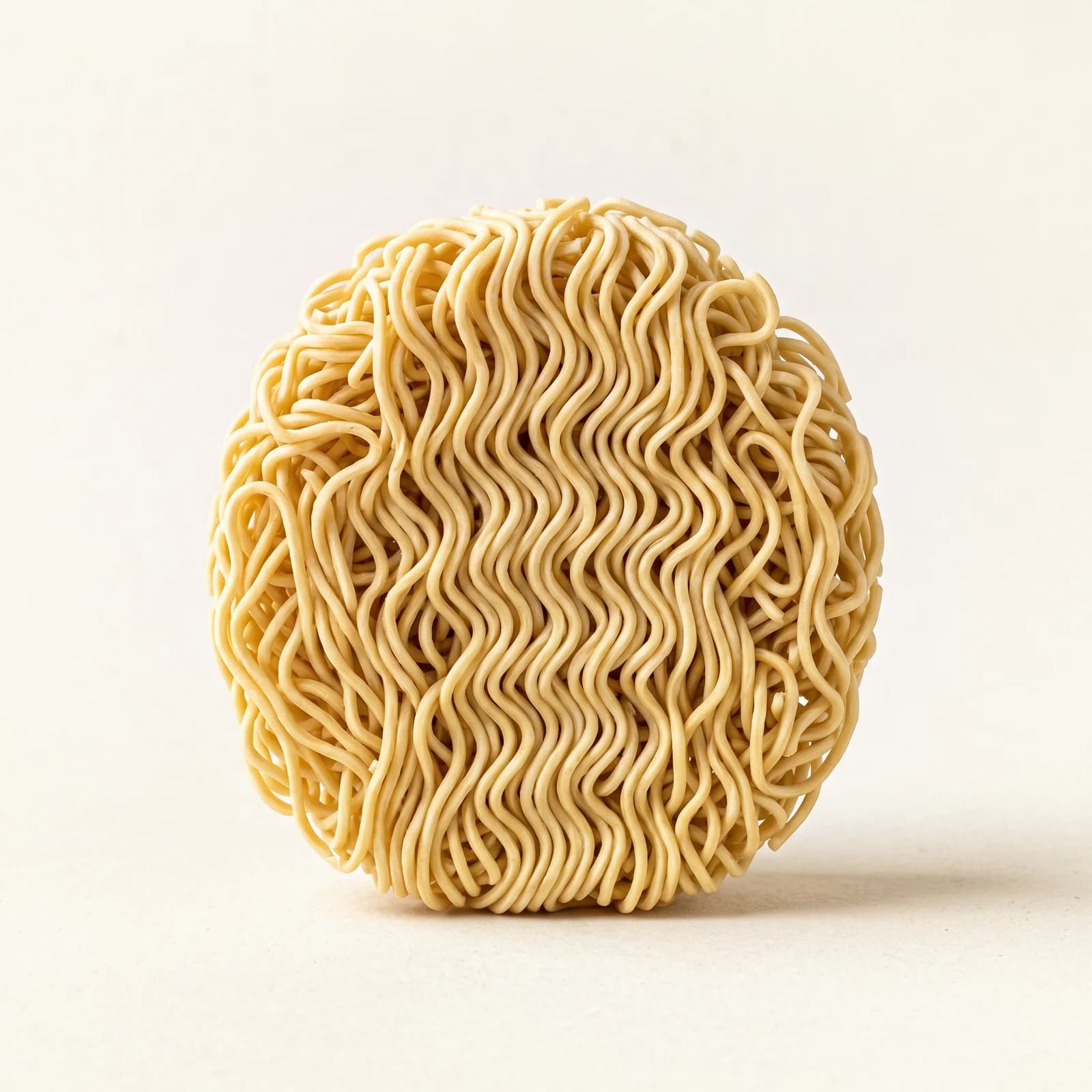 Nests of dry ramen noodles, uncooked, showing the curl and the off-white color of the strand.