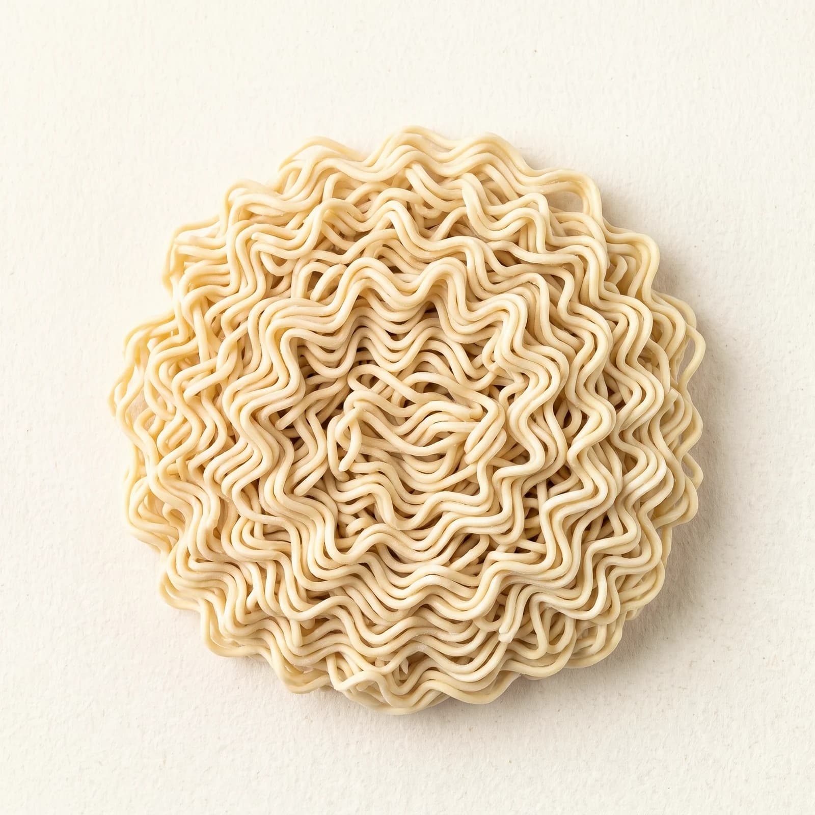 Fresh ramen noodles in a loose coil, showing the pale yellow color and the round cut of the strand.
