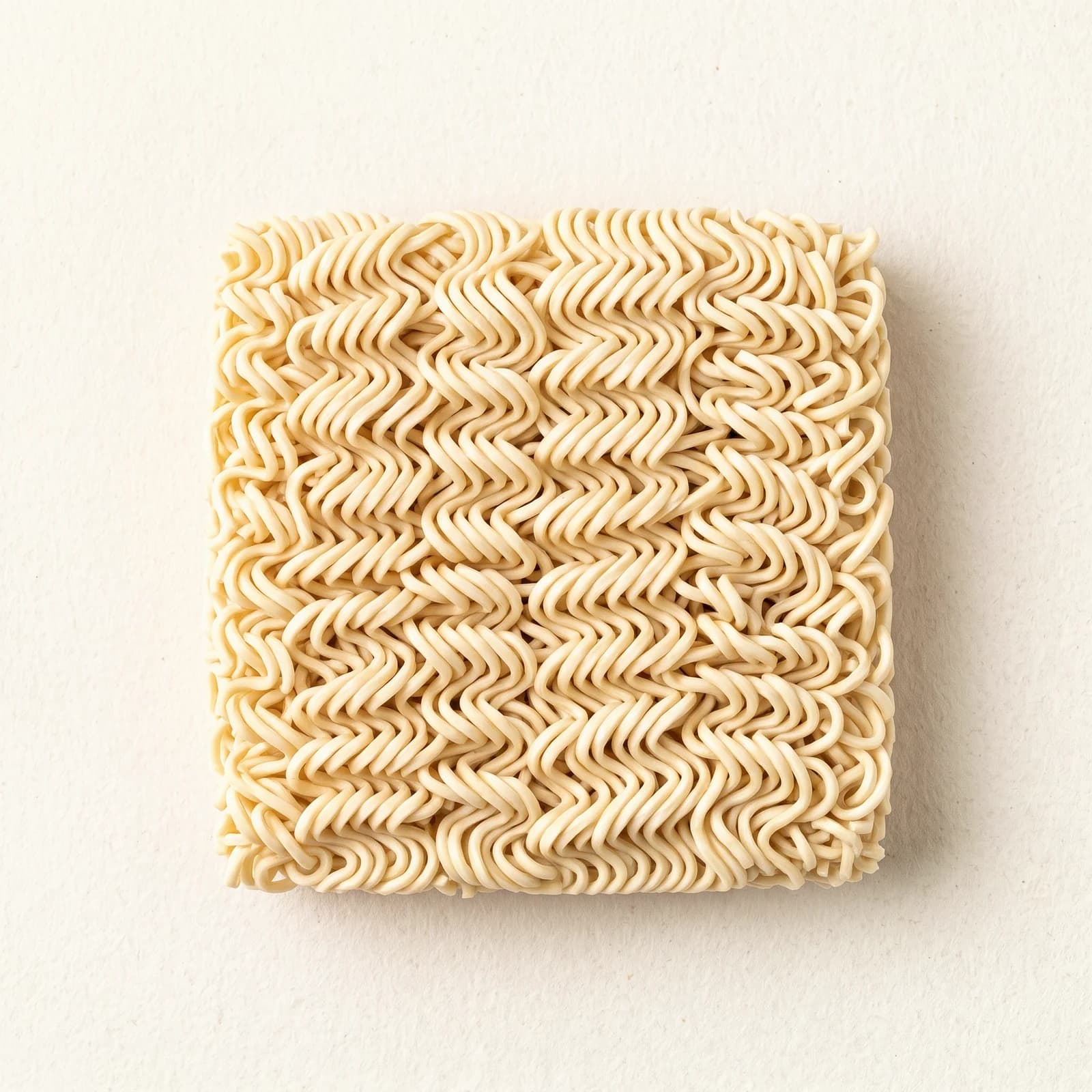 A block of instant ramen noodles, uncooked, showing the folded cake and the even waves of the strand.
