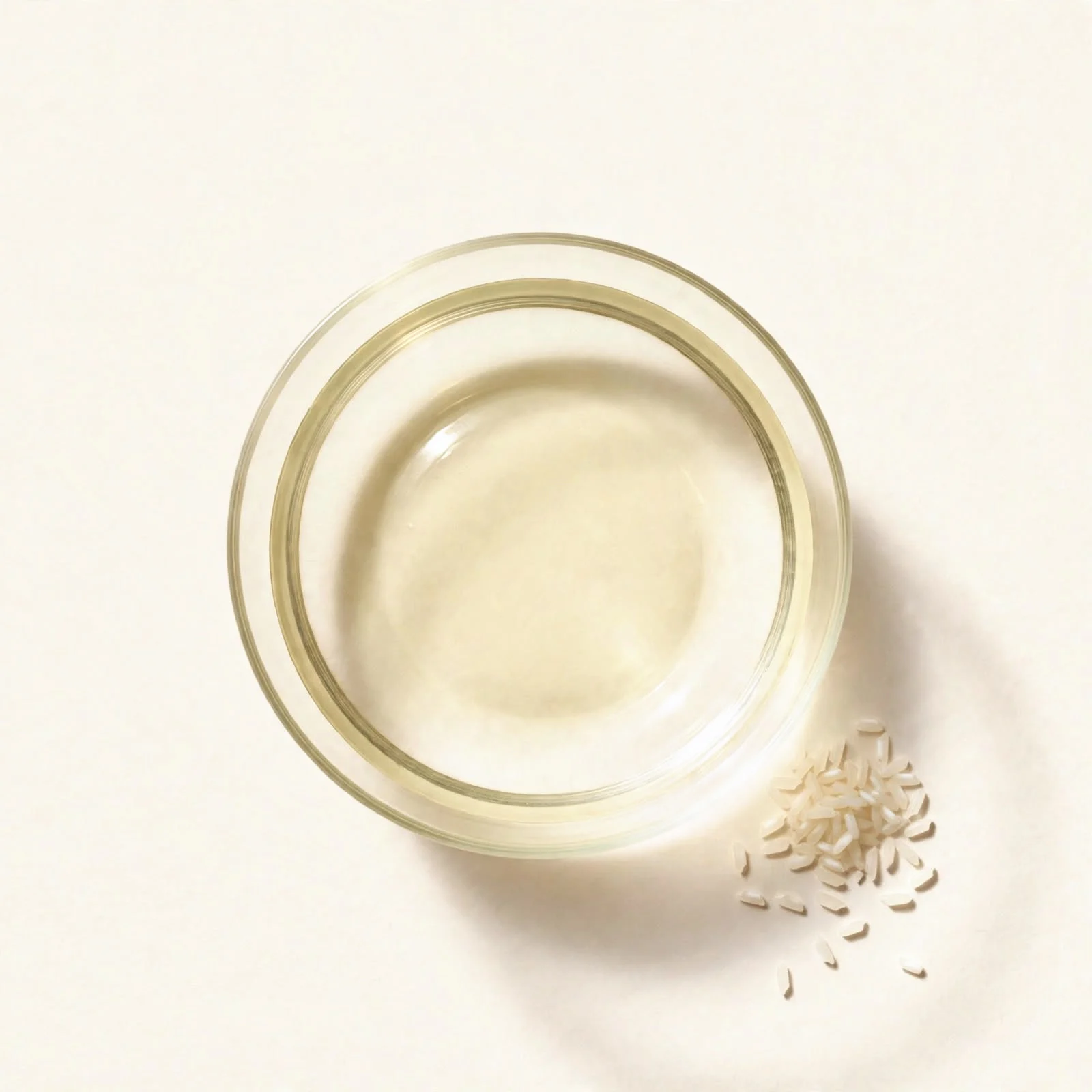 Clear rice vinegar in a glass dish beside a few grains of rice, seen from above.