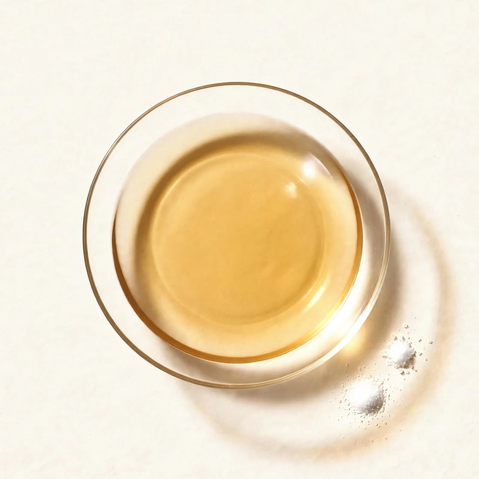 Pale seasoned rice vinegar in a glass dish beside a little salt and sugar, seen from above.