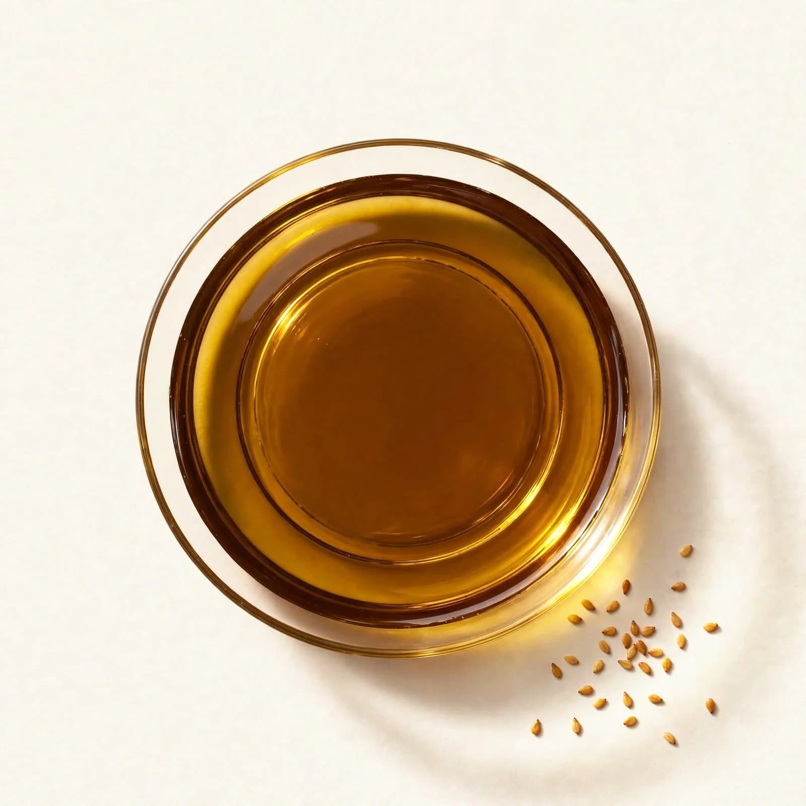 Toasted sesame oil in a glass dish beside a few sesame seeds, seen from above.