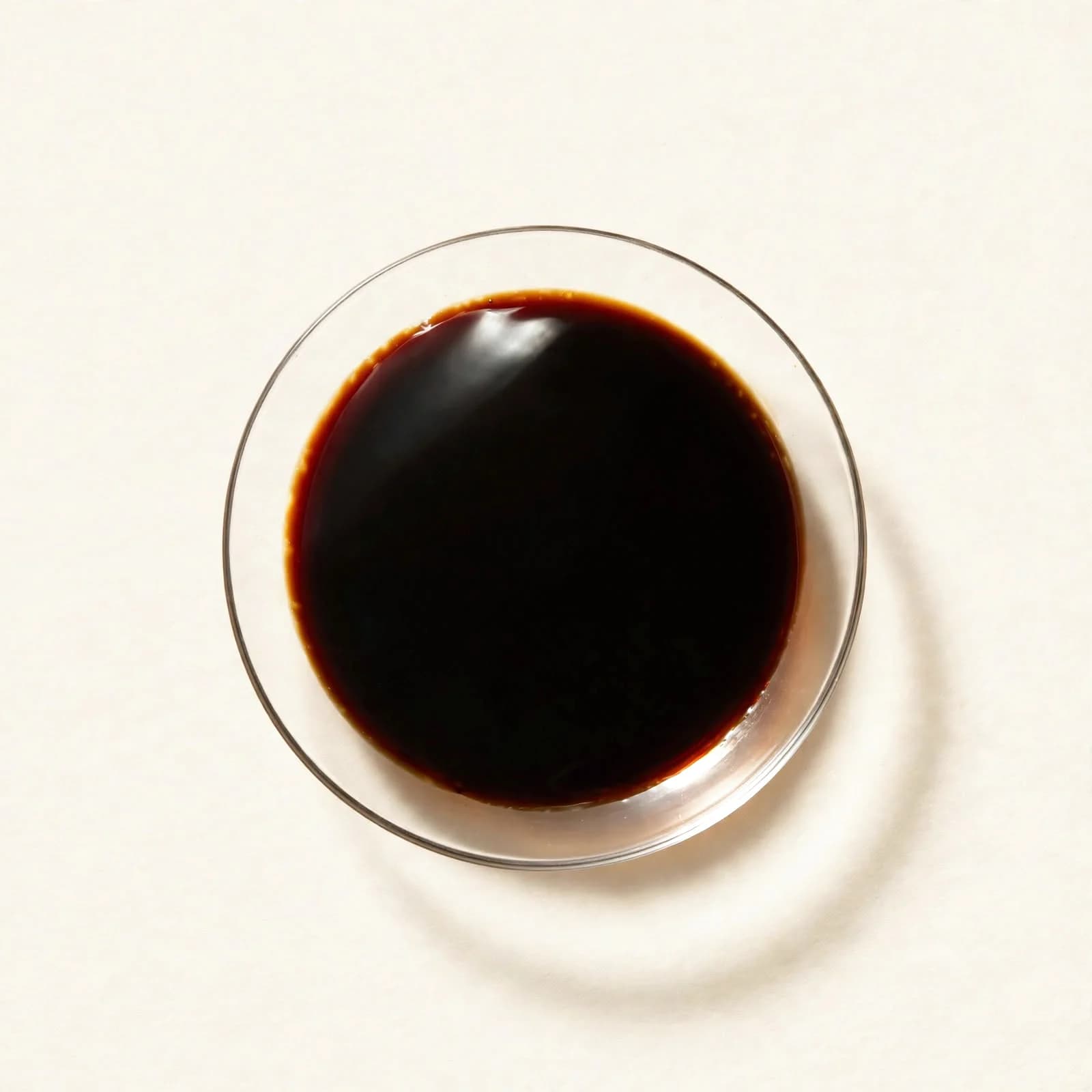 Dark soy sauce in a shallow glass dish, seen from above.