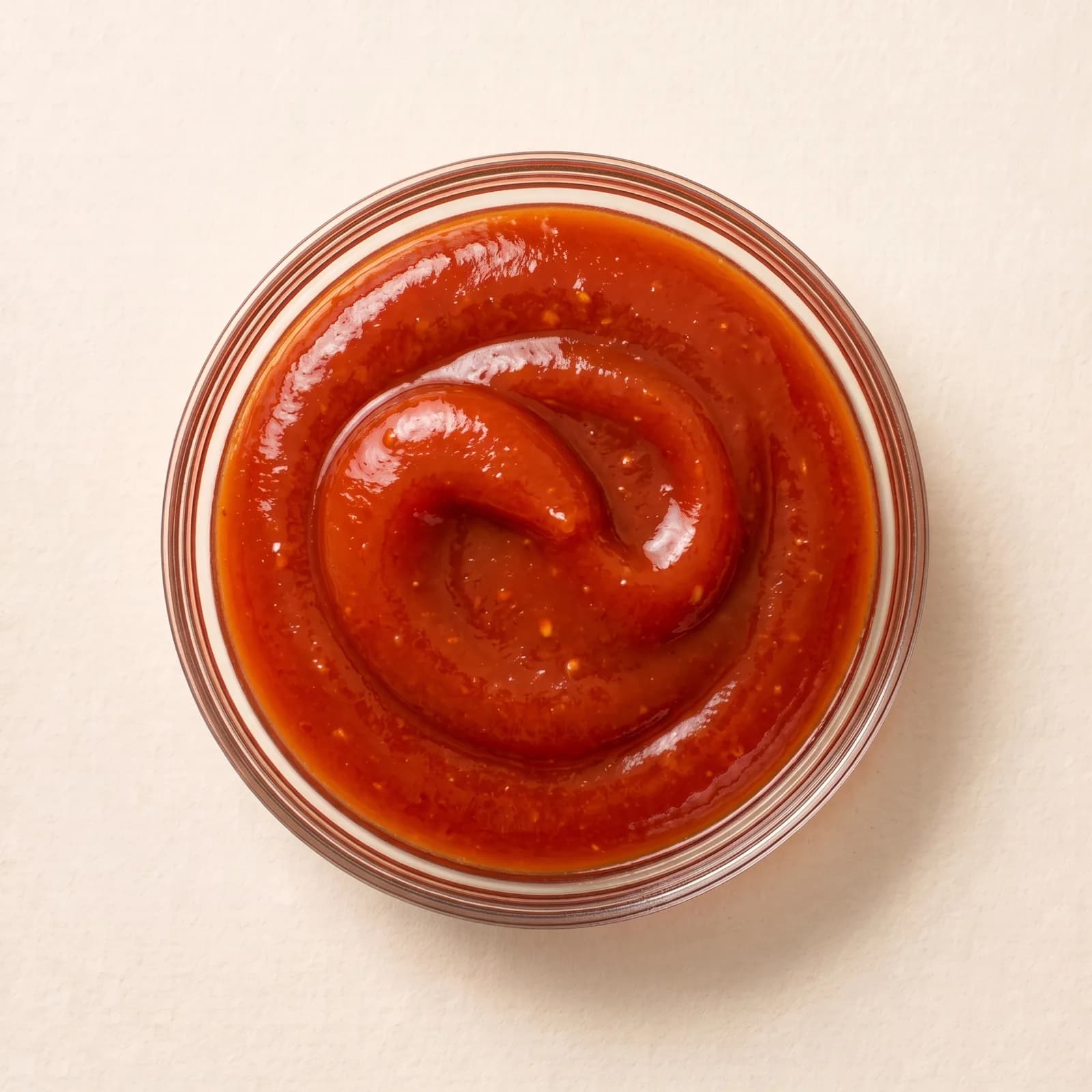 Smooth red sriracha chili sauce in a clear glass bowl, seen from above, swirled on the surface.