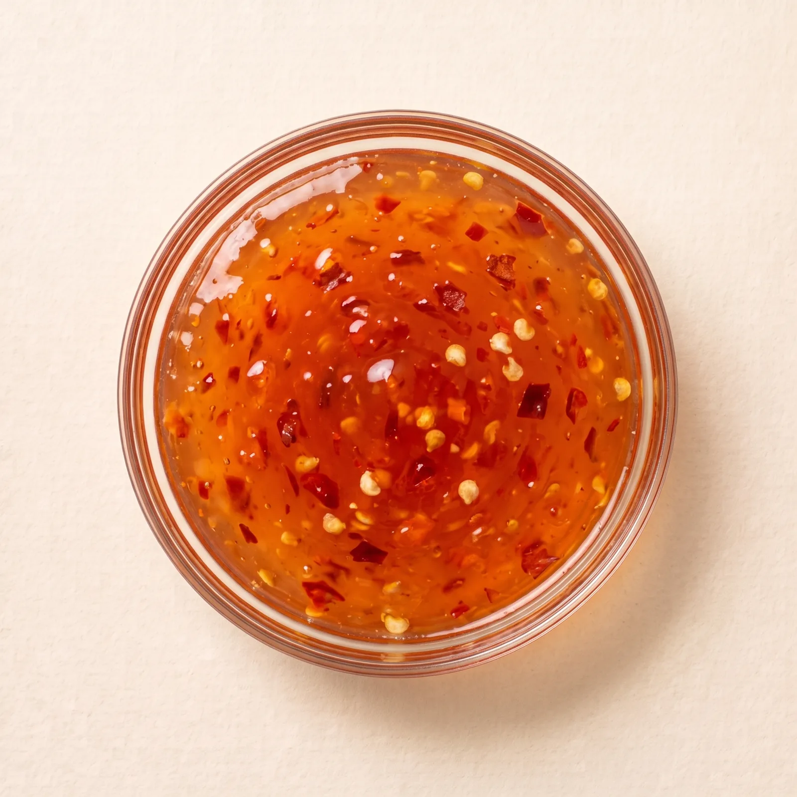 Translucent sweet chili sauce in a clear glass bowl, seen from above, with chili flakes and seeds suspended in it.