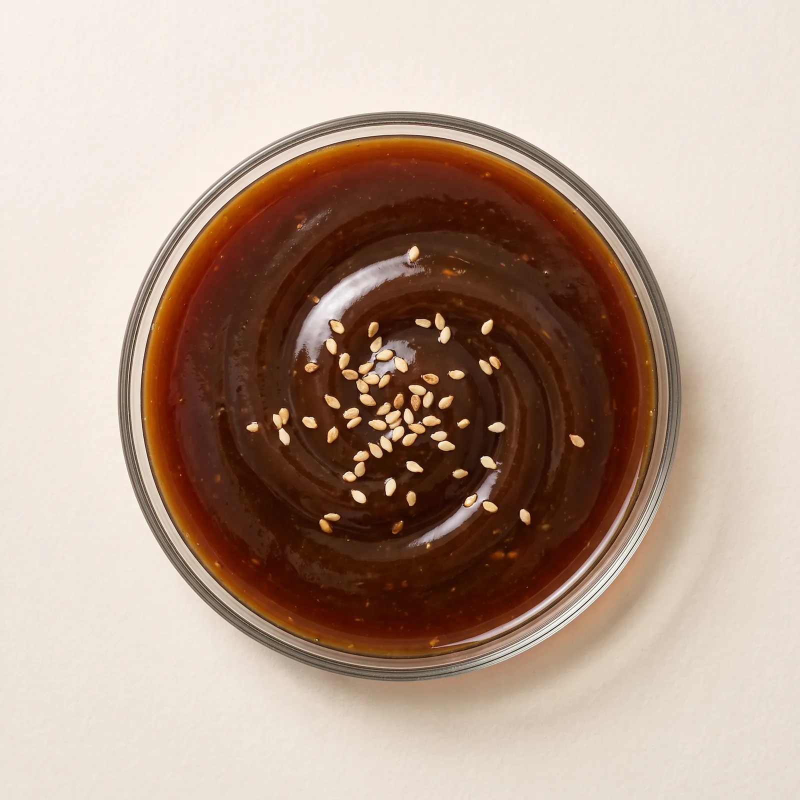 Glossy sesame teriyaki sauce in a clear glass bowl, seen from above, with toasted sesame seeds on the surface.