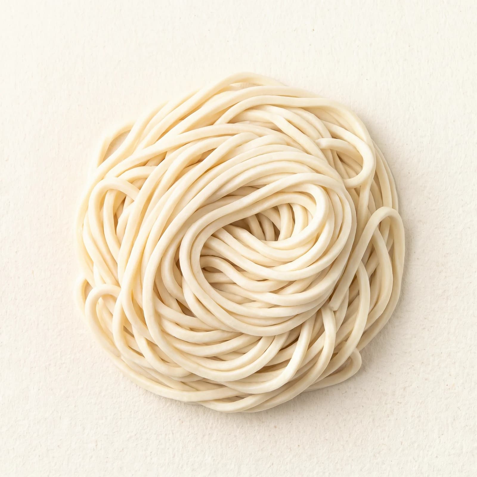 Fresh udon noodles, thick and soft, showing the smooth surface and the rounded edge of the cut.