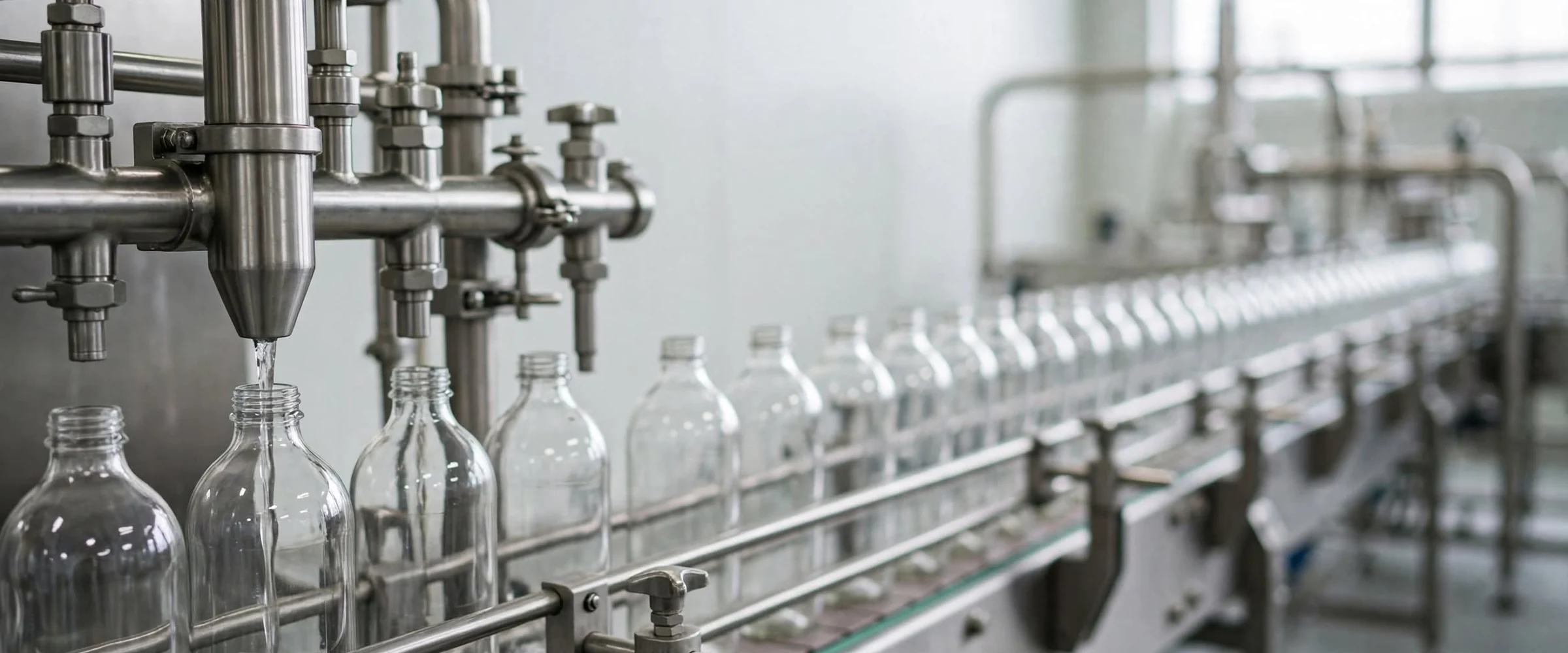 Glass bottles moving along a filling line under stainless steel filling nozzles.