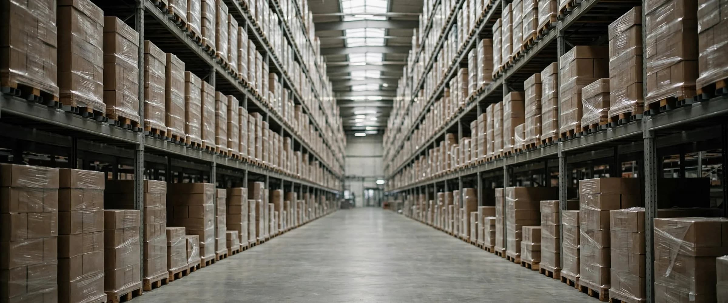 Tall warehouse racking filled with shrink-wrapped cartons on pallets along a long aisle.