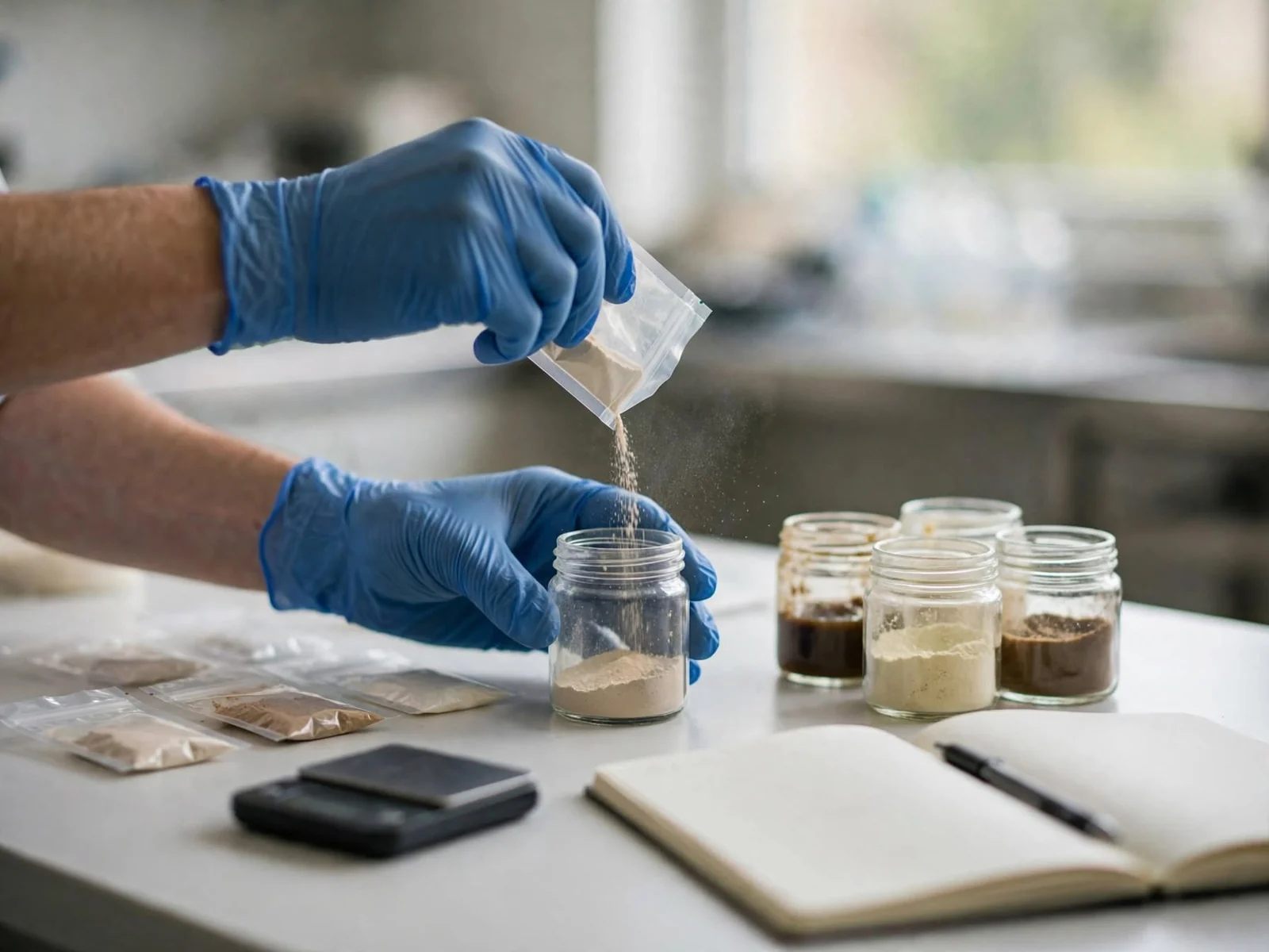 Gloved hands measuring a powder sample into a glass jar beside sealed sample bags, jars and a notebook on a bench.