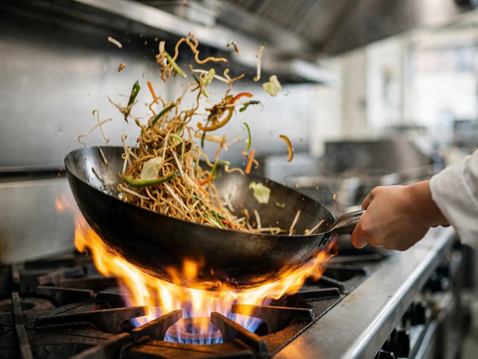 Noodles and vegetables tossed in a wok over a high gas flame in a commercial kitchen.