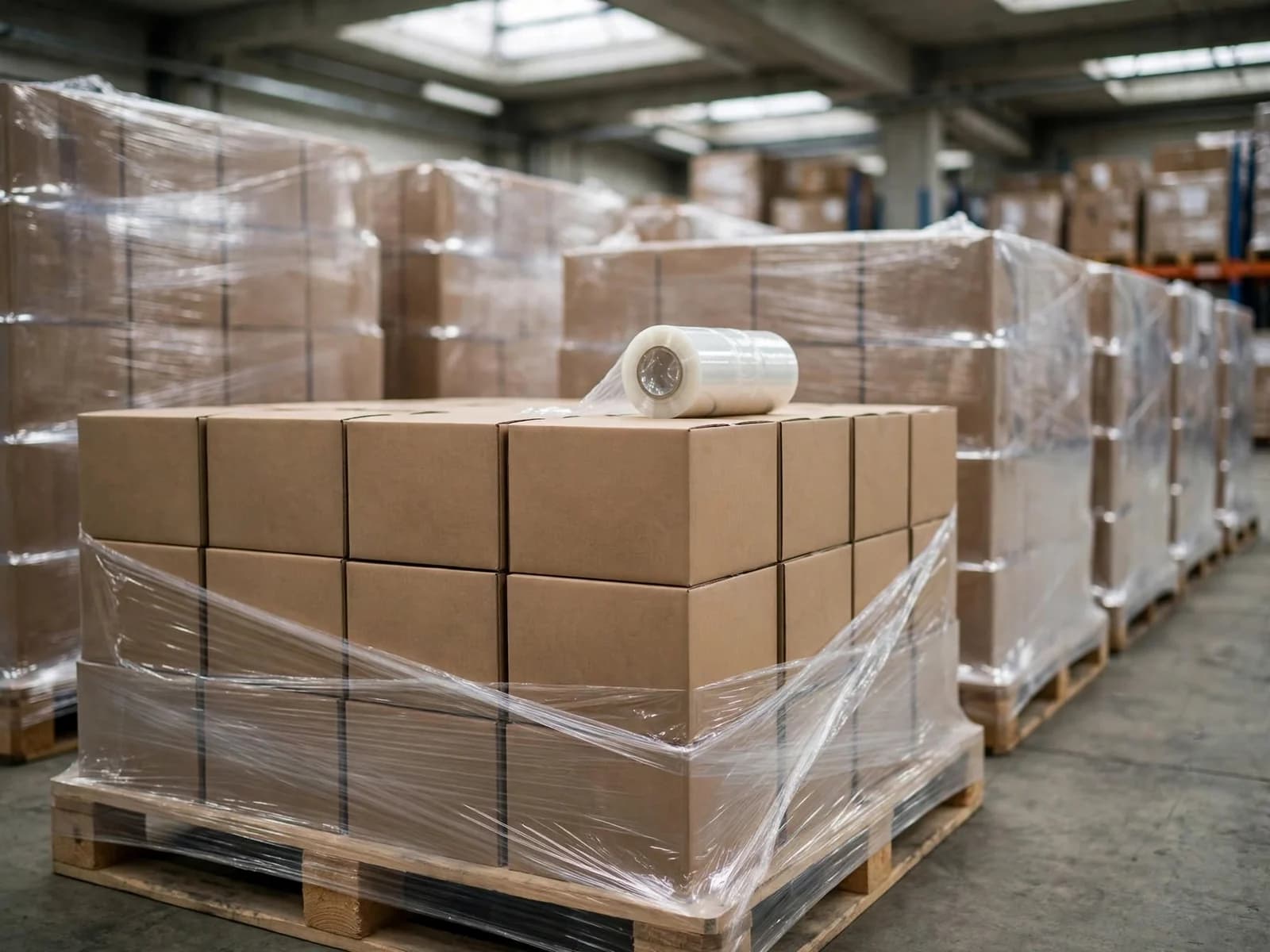 Pallets of plain cardboard cases wrapped in stretch film in a warehouse.