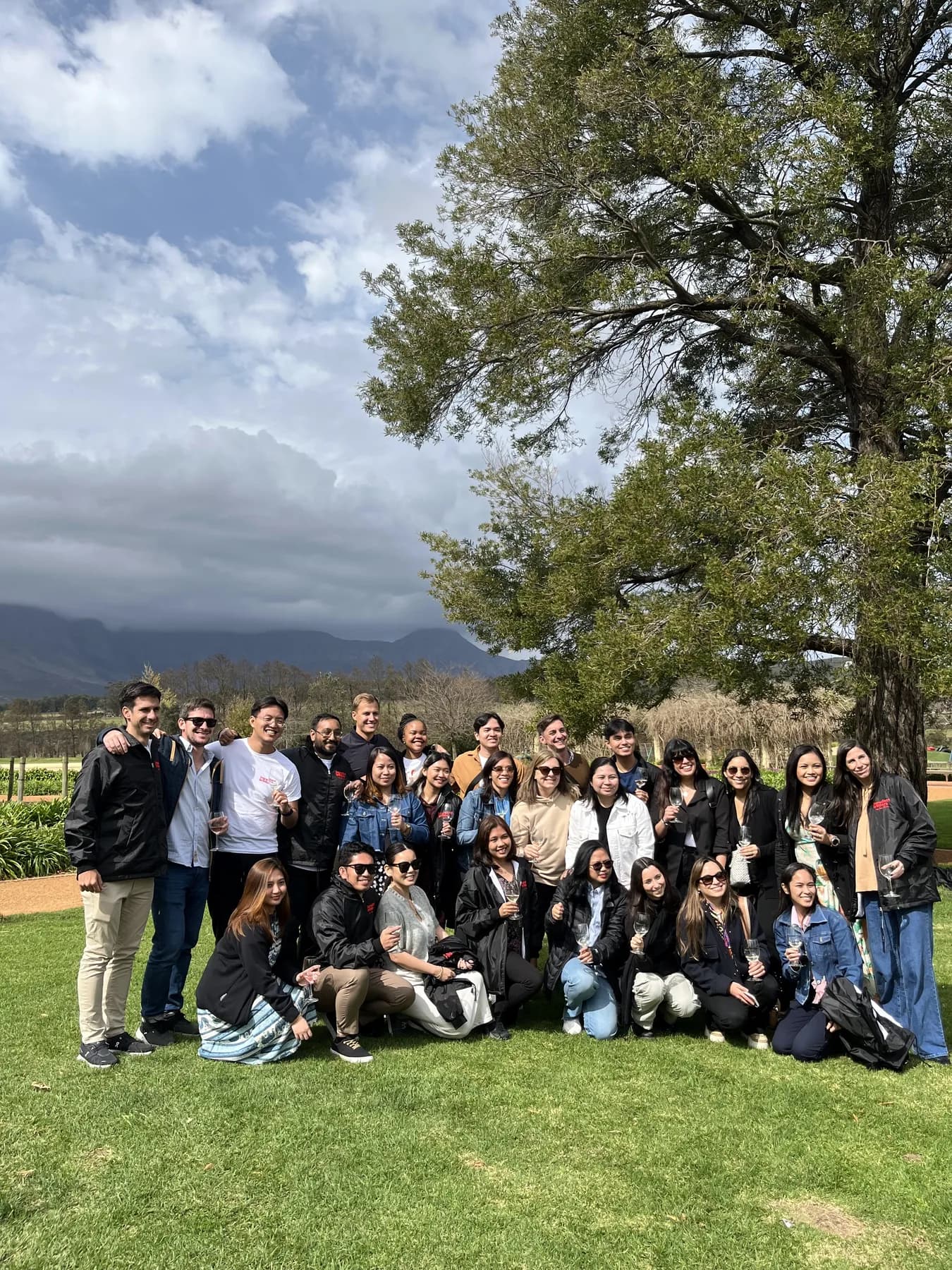 The team on a lawn under a large tree, holding wine glasses, with mountains behind.